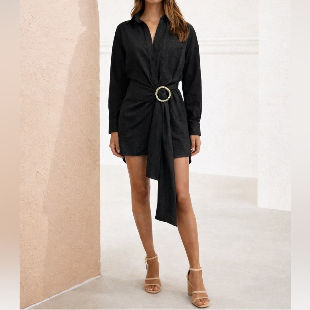 Acler The Herald Linen Shirt Mini Dress Women’s Size 8 Draped Belt Black NWT